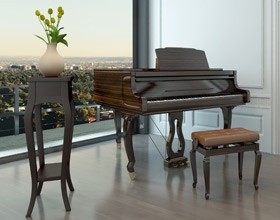 Piano set up with city back drop
